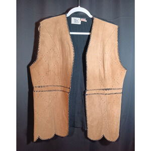 VTG 1970s Large Tan Leather Vest Scalloped Hem Western Boho Renfaire Festival